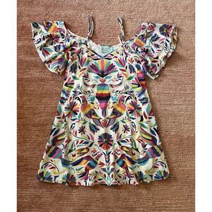 Judith March Colorful Bird Print Dress Tropical Mini Open Shoulder Lined Size S